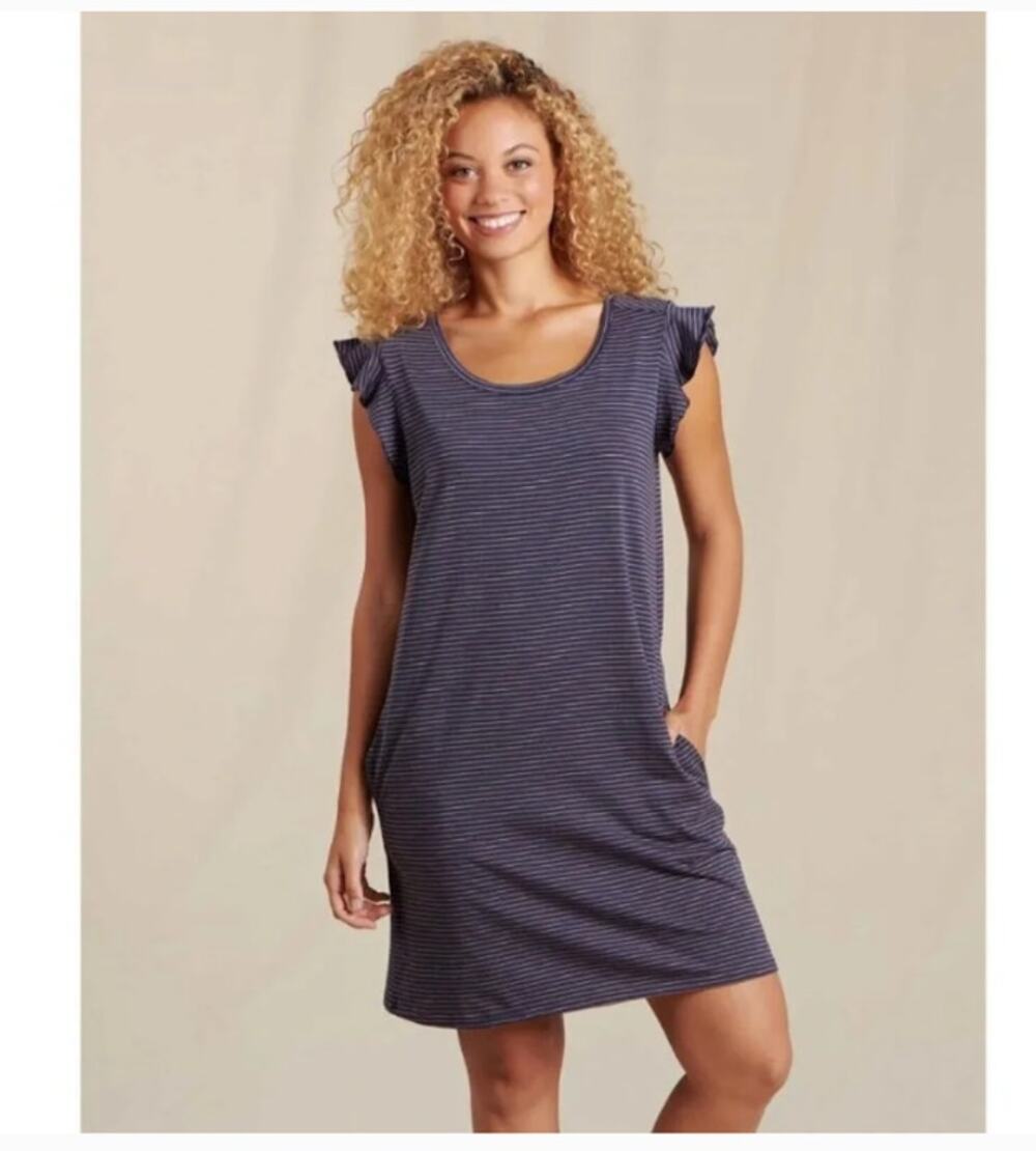 Toad&Co Rufflita Short Sleeve Dress Womens XS True Navy Stripe Organic Pocket